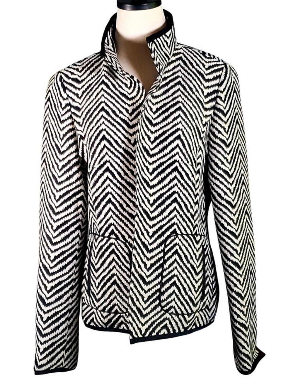 Nina Mclemore Wool Silk Chevron Womens Career Jacket 10 Open Clever Pockets NWOT